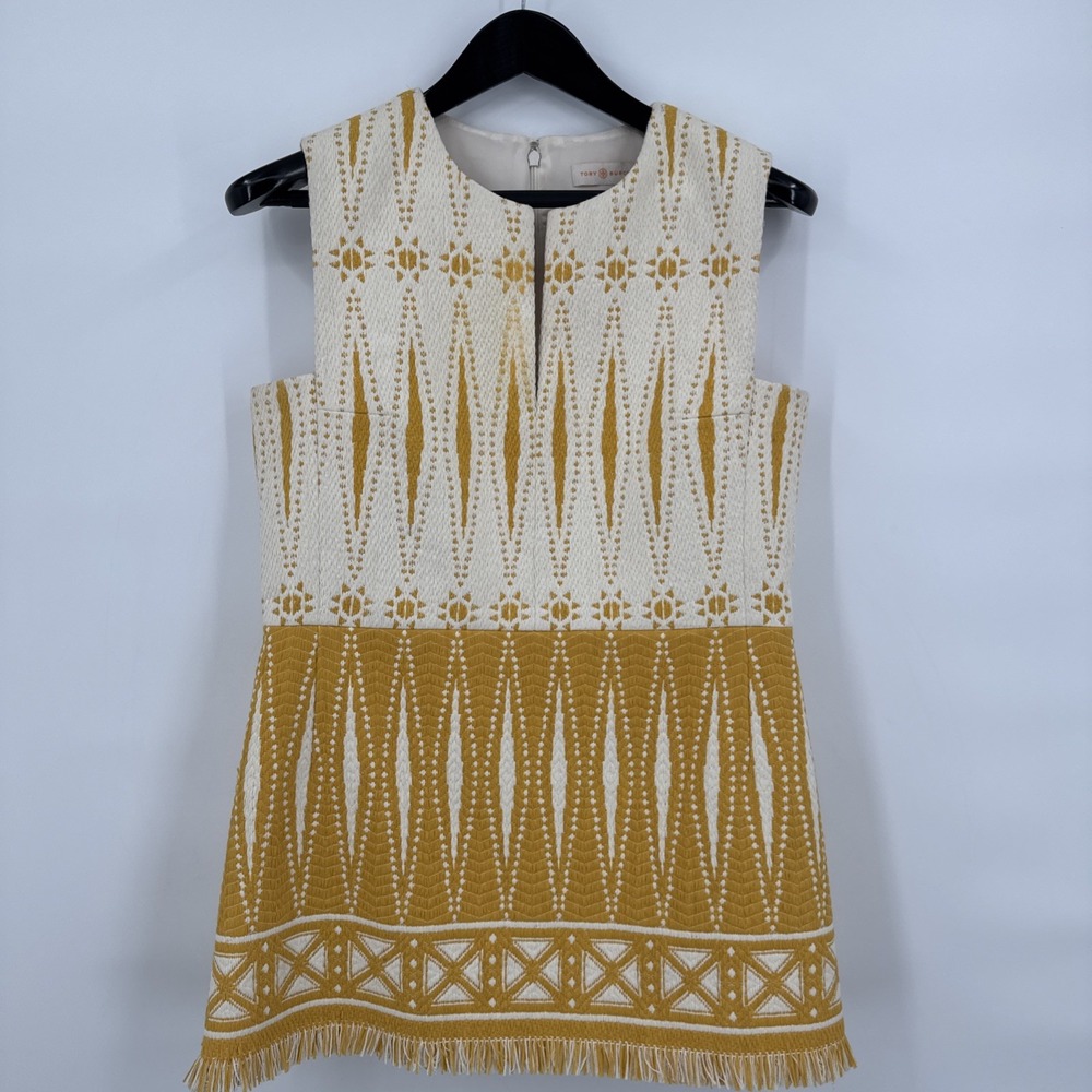 Tory Burch Sleeveless Cream and Mustard Patterned Shift Dress